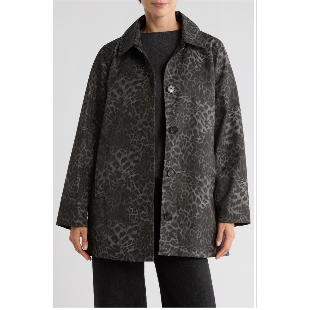 Bernardo Womens Leopard Print Car Coat Grey Black Animal Print Jacket Size S